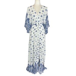 Lulu’s South of France Maxi Dress Boho Mandala Print Faux Wrap Kimono Size XL